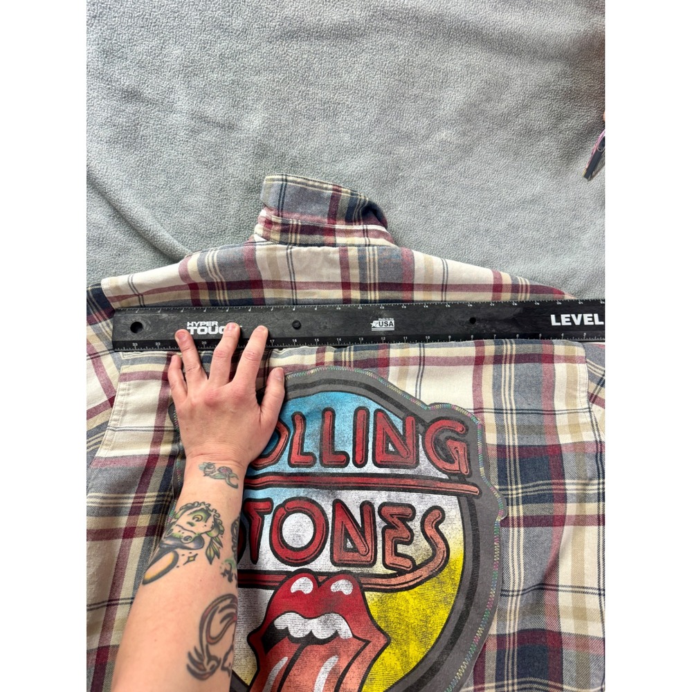 Upcycle Rolling Stones Sherpa Lined Flannel Shirt Jacket Plaid Men XL Cream Red - Picture 5 of 9